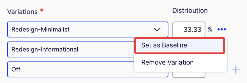 Select a variation as your control before launching an experiment